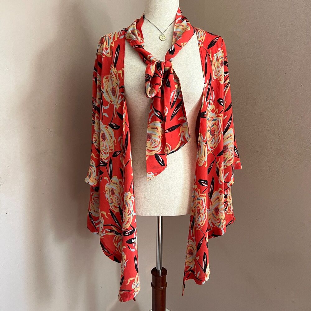 Winter Kale Red Floral Vintage Silk Blouse Boho 70s Top Artsy Festival Bold Sz S